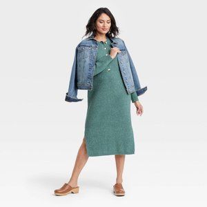 Universal Thread Henley Sweater Dress Green Waffle Buttons LS sz NWT!